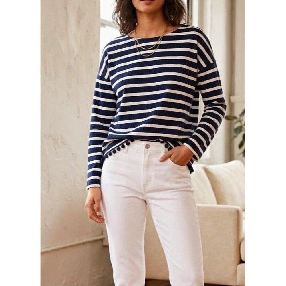 J.CREW Breton Stripe Pom Pom Trim Top XS Coastal Grandma Coquette Nautical